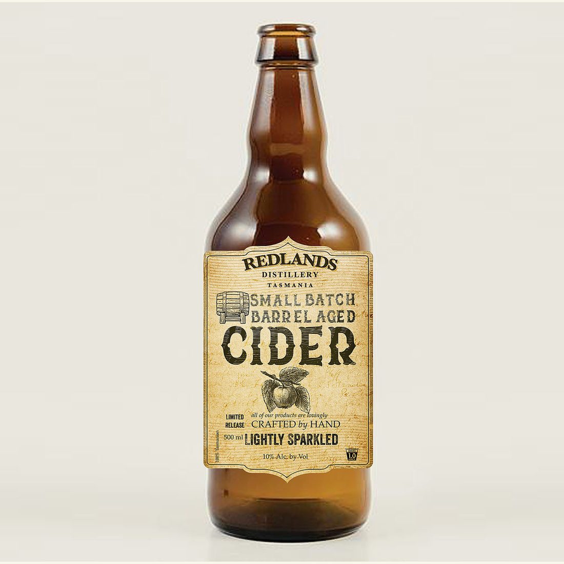 Verpackungsdesign – Redlands Barrel-Aged Cider · Vintage-Etikett