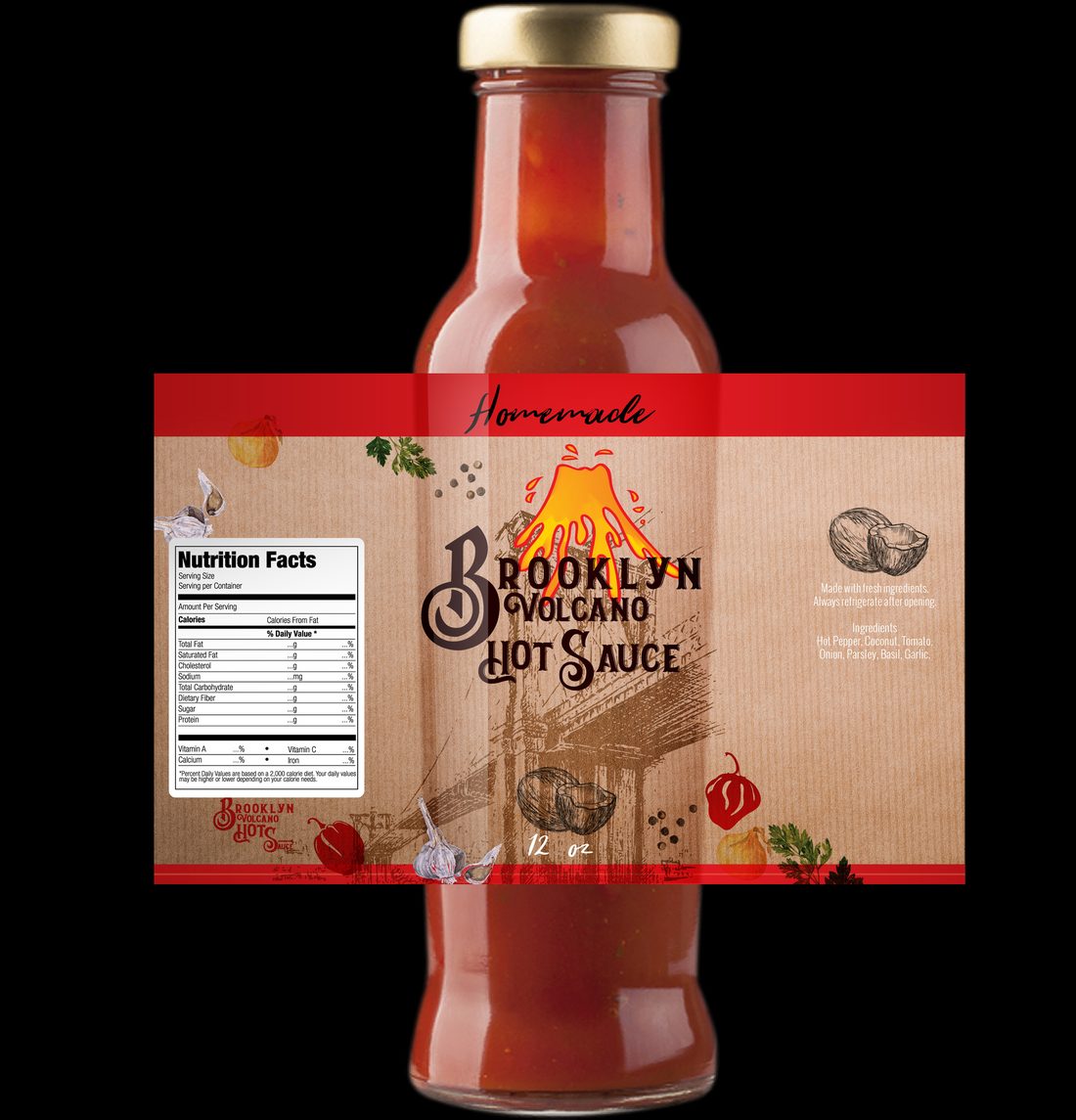Verpackungsdesign – Brooklyn Volcano Hot Sauce · Flaschenetikett