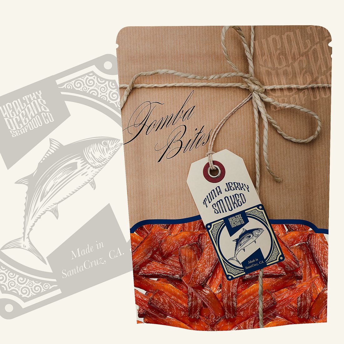 Verpackungsdesign – Tomba Bites · Kraft-Standbeutel mit Anhänger