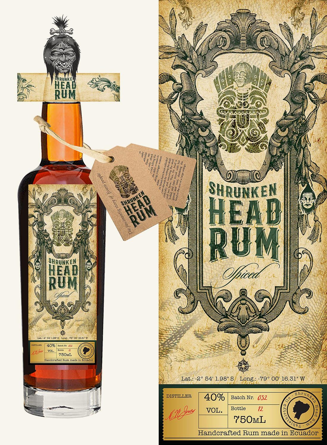 Verpackungsdesign – Shrunken Head Rum · Vintage-Stich-Etikett