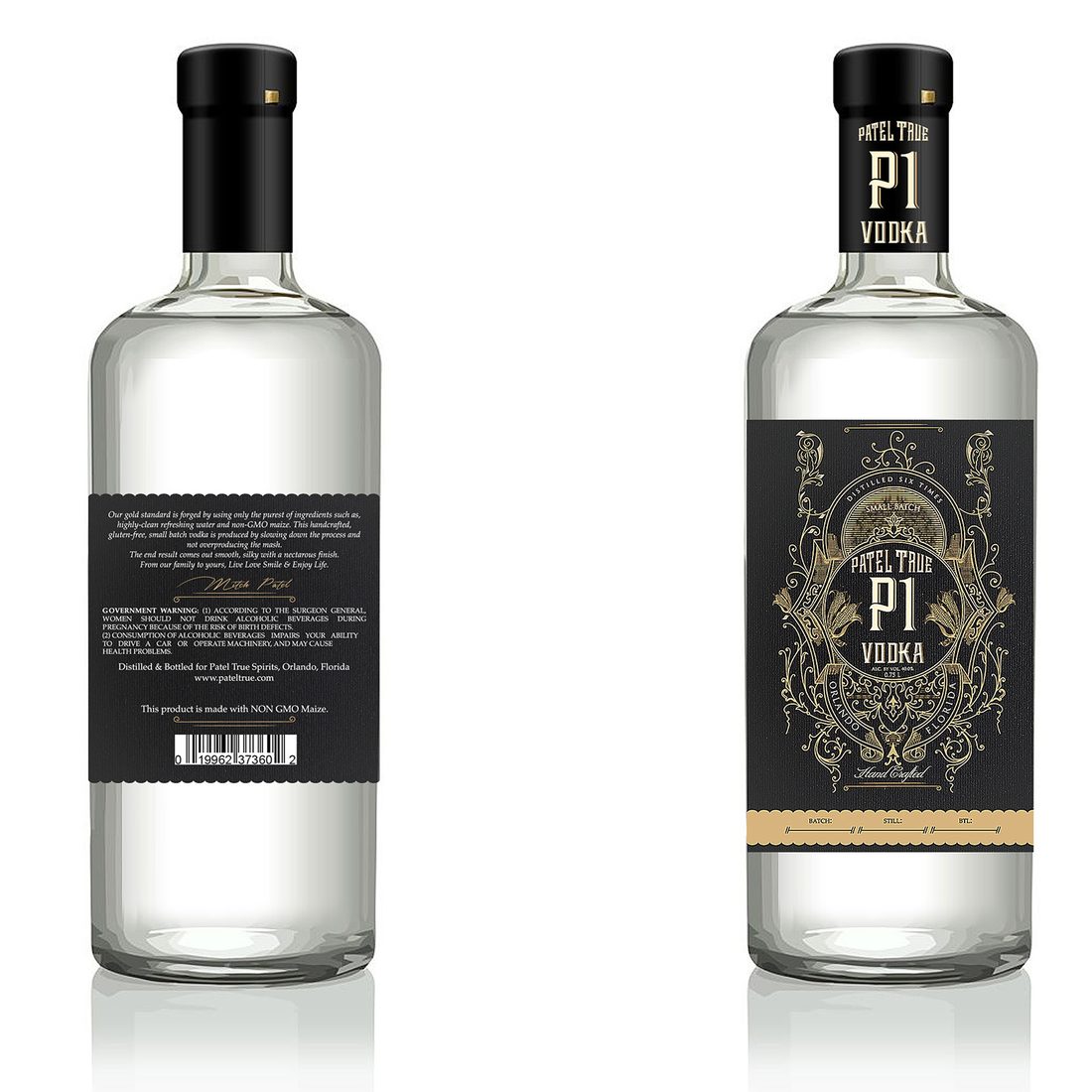 Verpackungsdesign – Patel True P1 Vodka · Gold-Ornament-Label