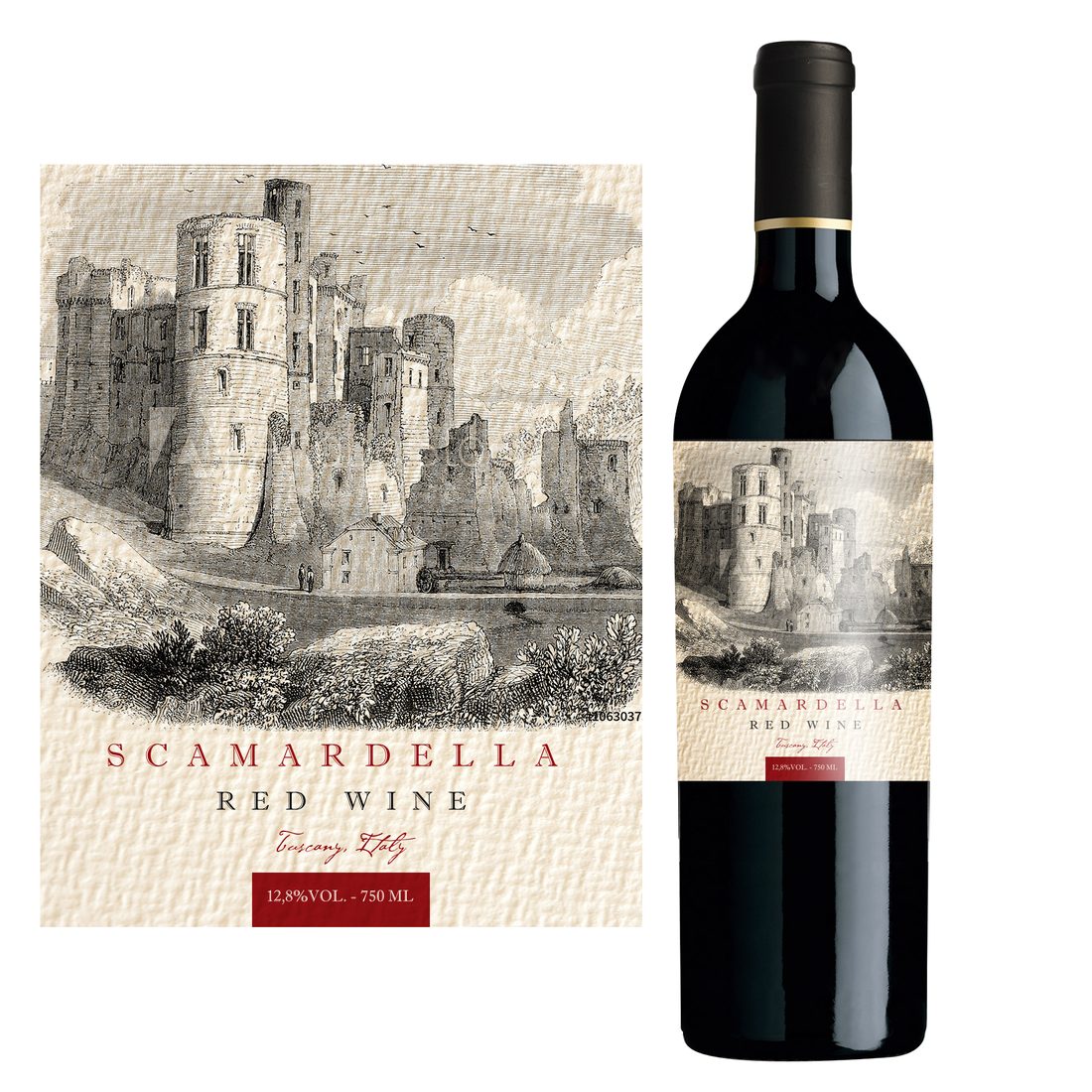 Verpackungsdesign – Scamardella Red Wine · Kupferstich-Optik