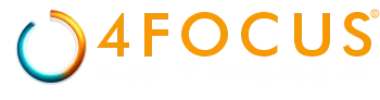 4FOCUS logo featuring a blue–green circular swoosh and orange '4FOCUS' text with the slogan: 'We design. We optimize. We convert.'