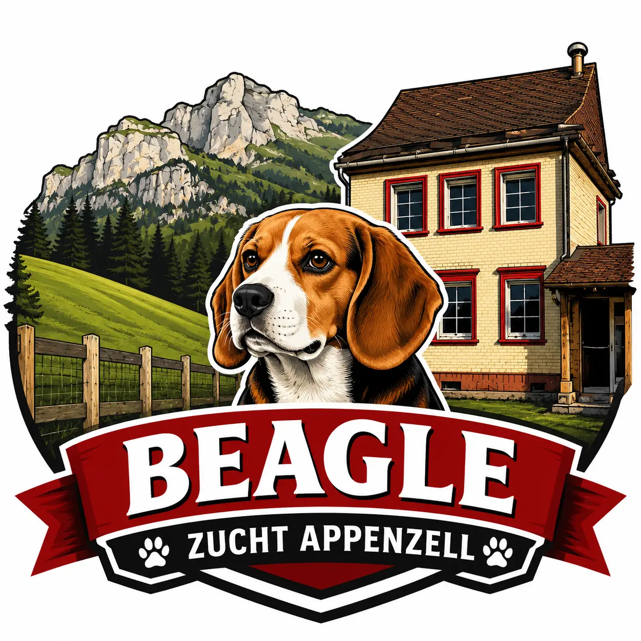 Beagle mascot logo with a beagle head, a farmhouse, and mountain background, red ribbon reading BEAGLE and Zucht Appenzell.