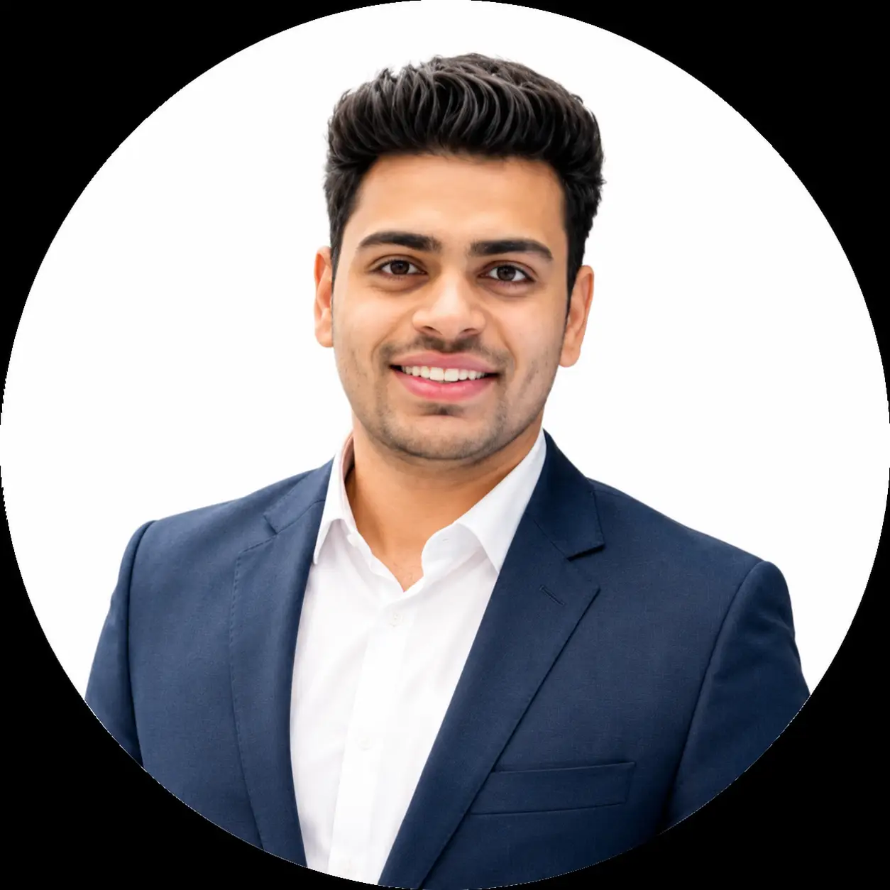 Professional headshot of a smiling man in a navy blazer and white shirt, circular crop on white background.