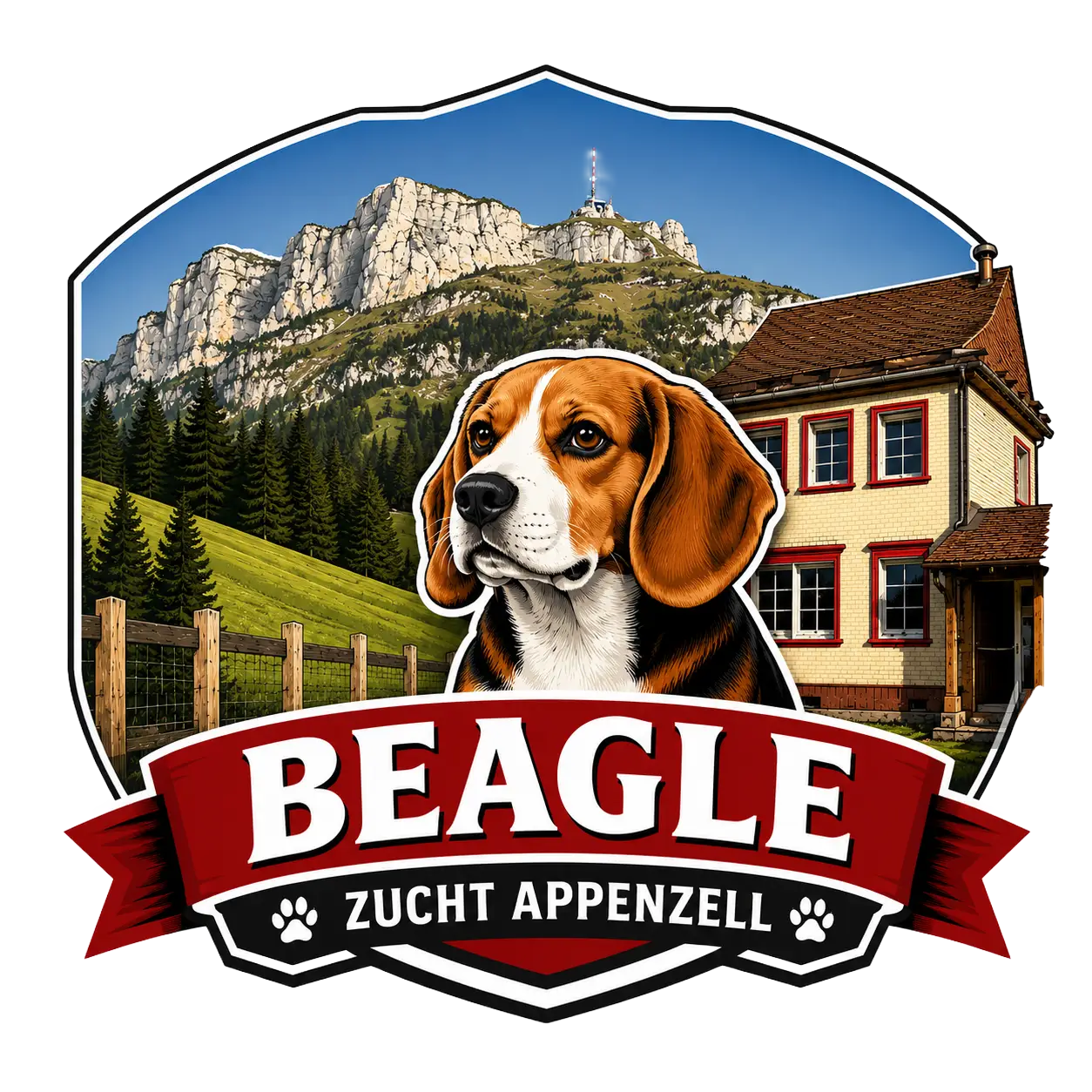 Beagle logo with Alpine mountains, a countryside house, and a red banner reading BEAGLE ZUCHT APPENZELL.