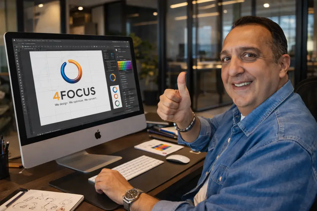 Designer at a desk giving a thumbs-up while editing a logo for '4FOCUS' on an iMac in a modern office.