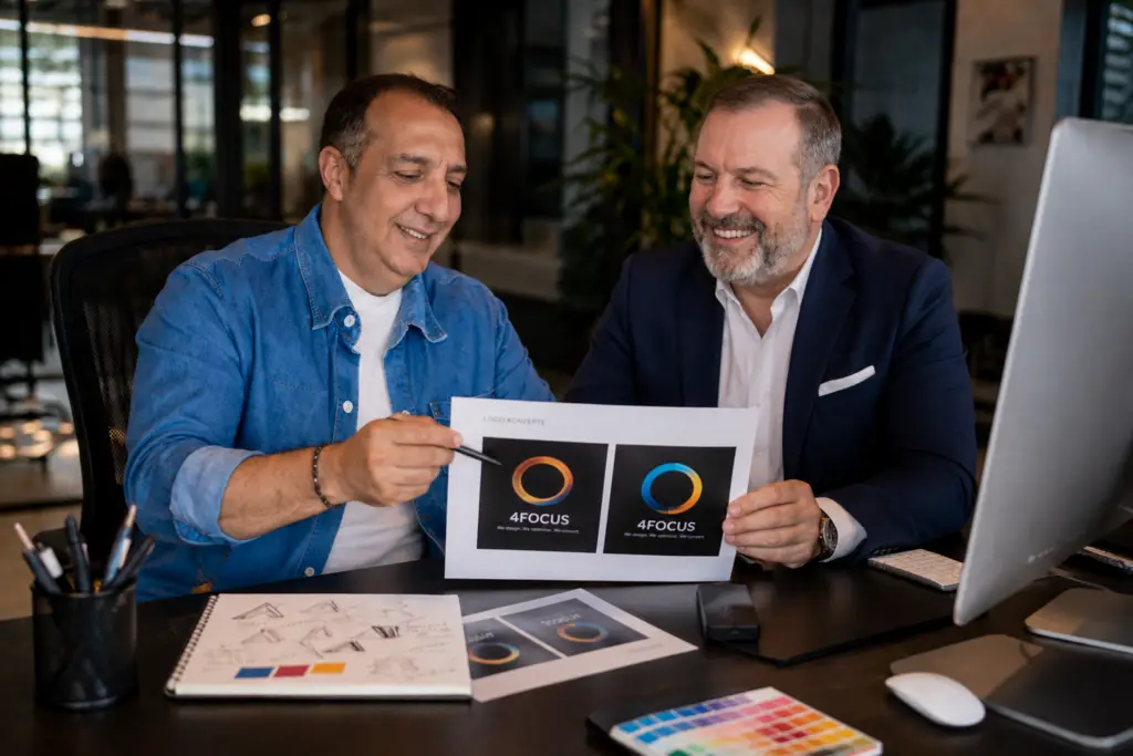 Two men in an office review a logo concept sheet showing two circular ring logos for '4FOCUS'.