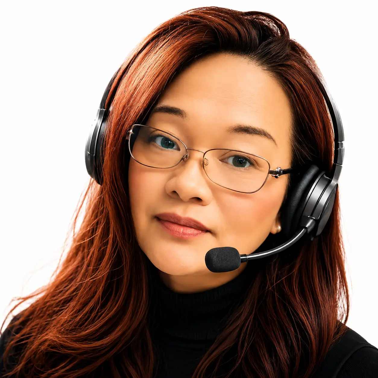 Woman wearing a black headset with a microphone, glasses, and red hair, looking slightly to the side.