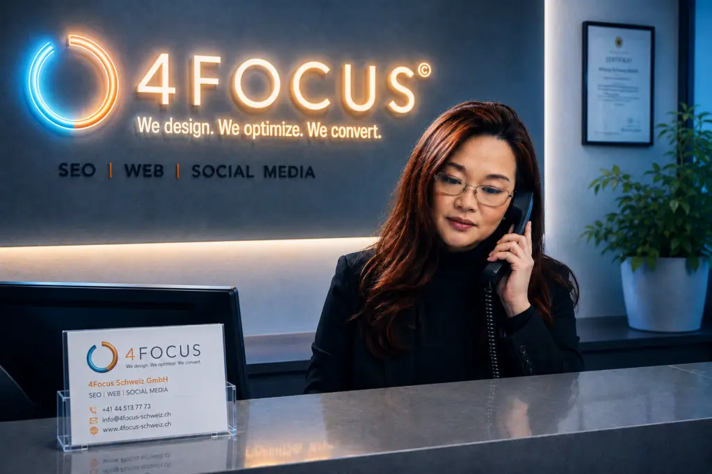 Receptionist on the phone at a modern front desk with a glowing 4FOCUS sign reading 'We design. We optimize. We convert.' and business cards on the counter.