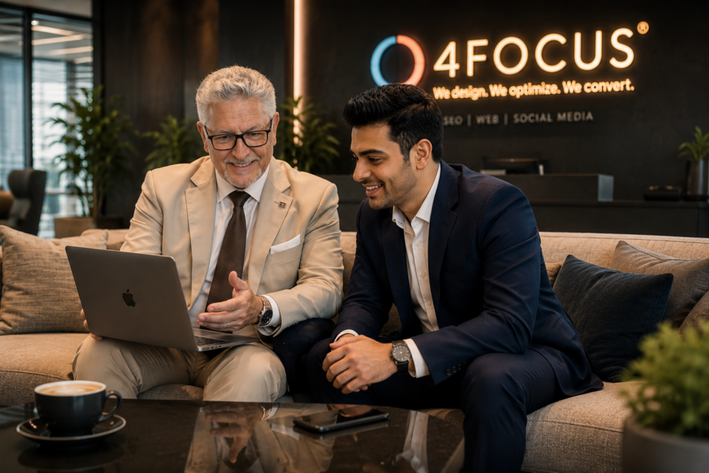 Two business professionals on a beige sofa discussing a laptop in a modern office lobby, with 4FOCUS signage in the background.