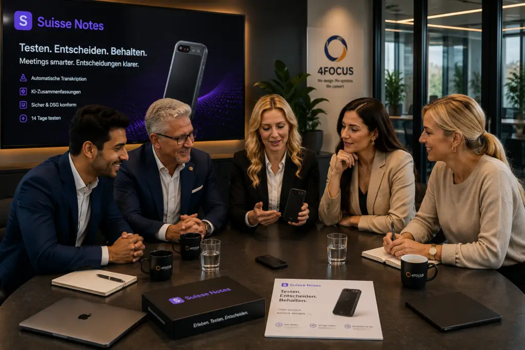 Five professionals sit around a conference table in a modern office, discussing while one woman shows a smartphone; large Suisse Notes ad screens in the background.
